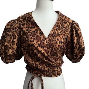 LEOPARD PRINT WRAP TOP, TRENDY BALLOON SLEEVES & V/NECK SZ SMALL/MED
